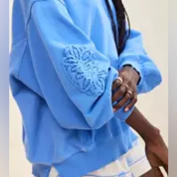 Aerie Keep It Light Oversized Crochet Crew Sweatshirt Blue - Picture 2 of 8